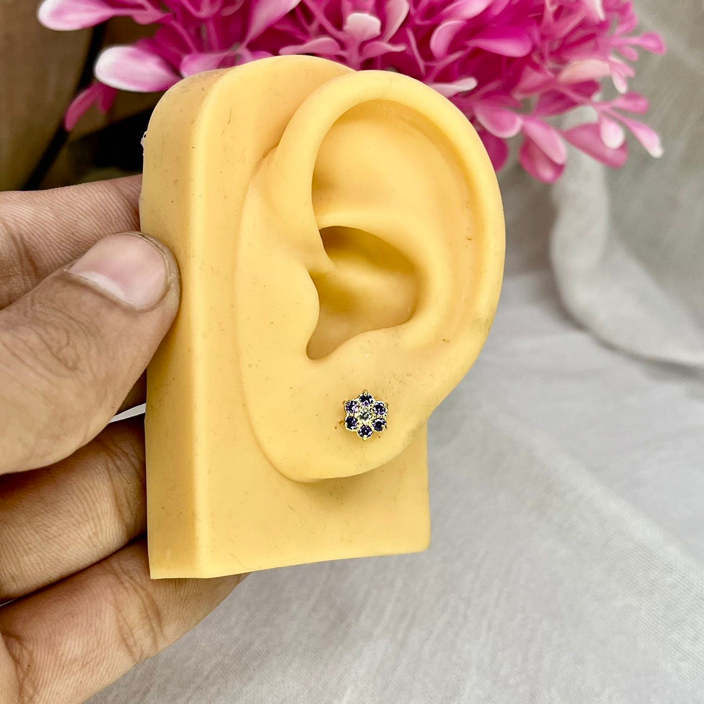 Purple 7 Stone Floral Screw Stud Earrings