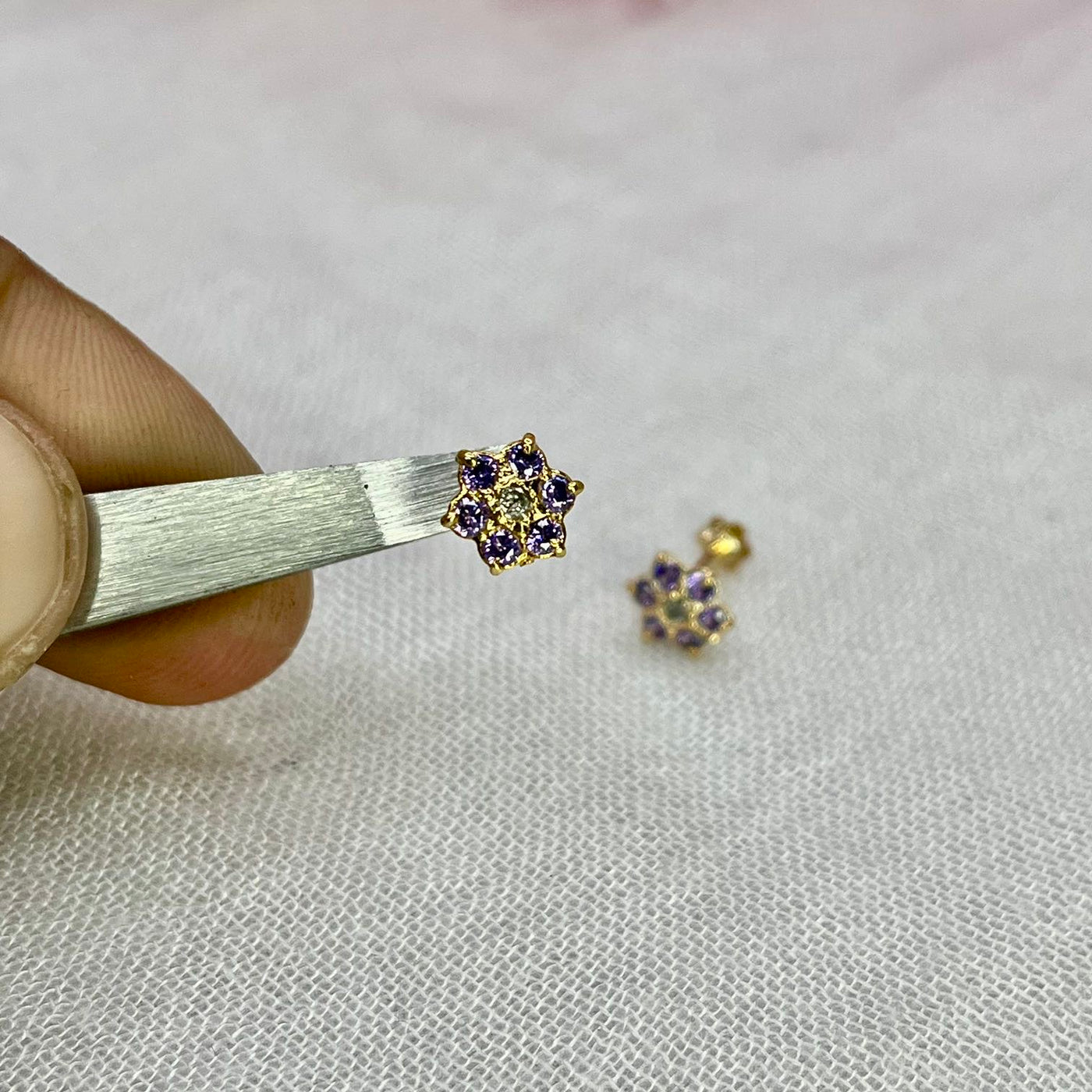 Purple 7 Stone Floral Screw Stud Earrings