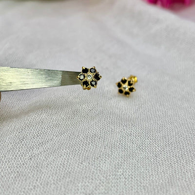 Black 7 Stone Floral Screw Stud Earrings