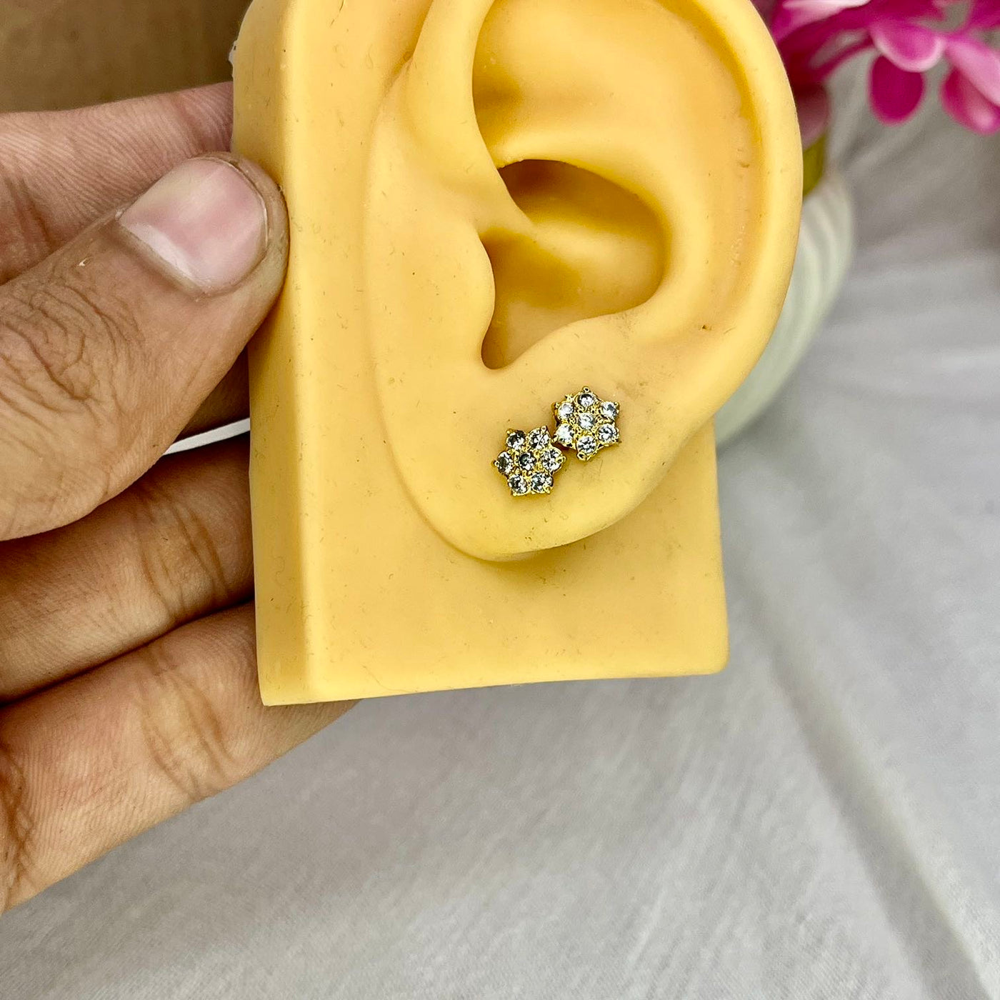 White 7 Stone Floral Screw Stud Earrings