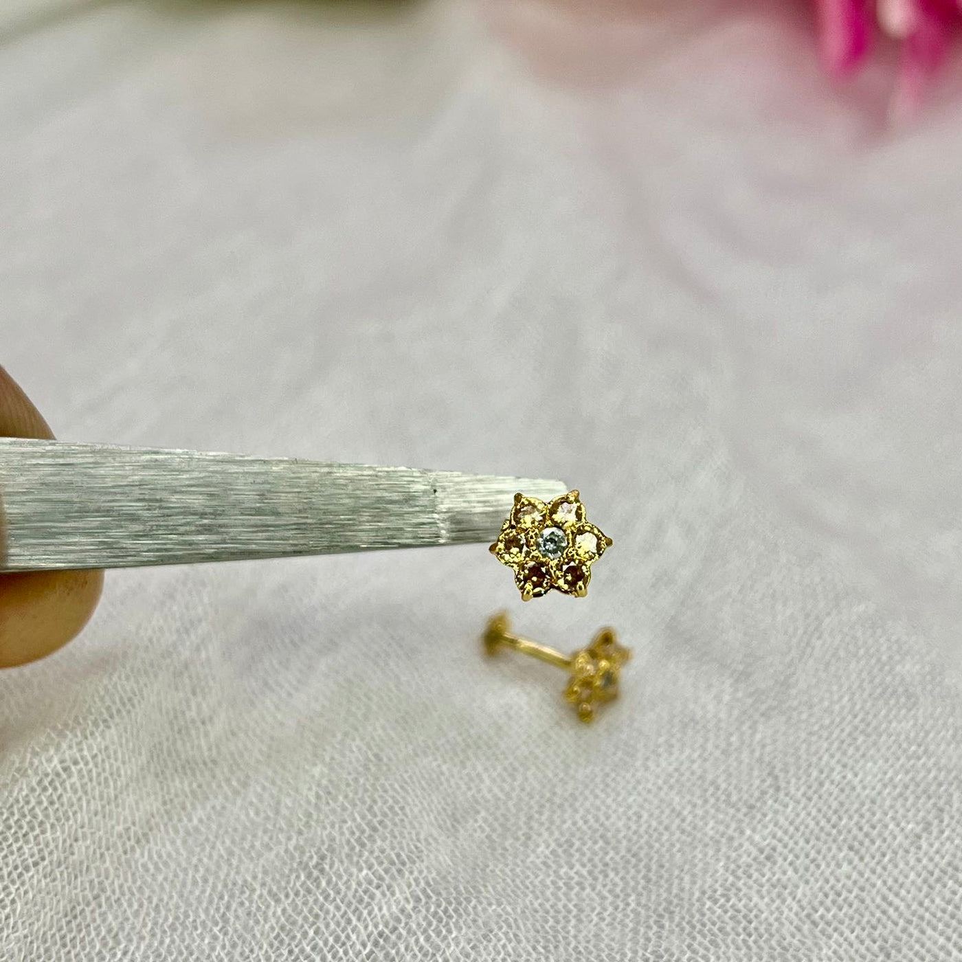 Champagne 7 Stone Floral Screw Stud Earrings