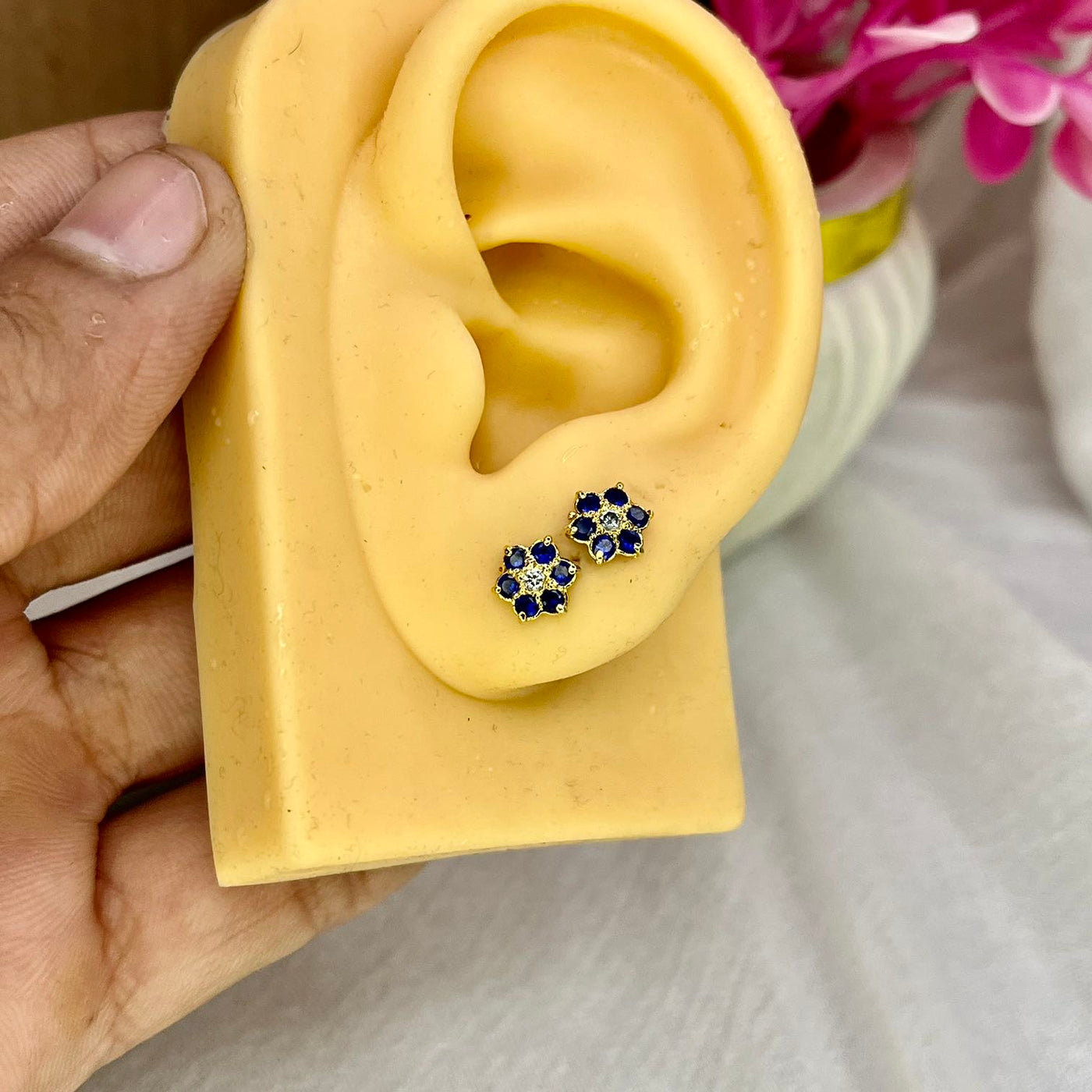 Black 7 Stone Floral Screw Stud Earrings