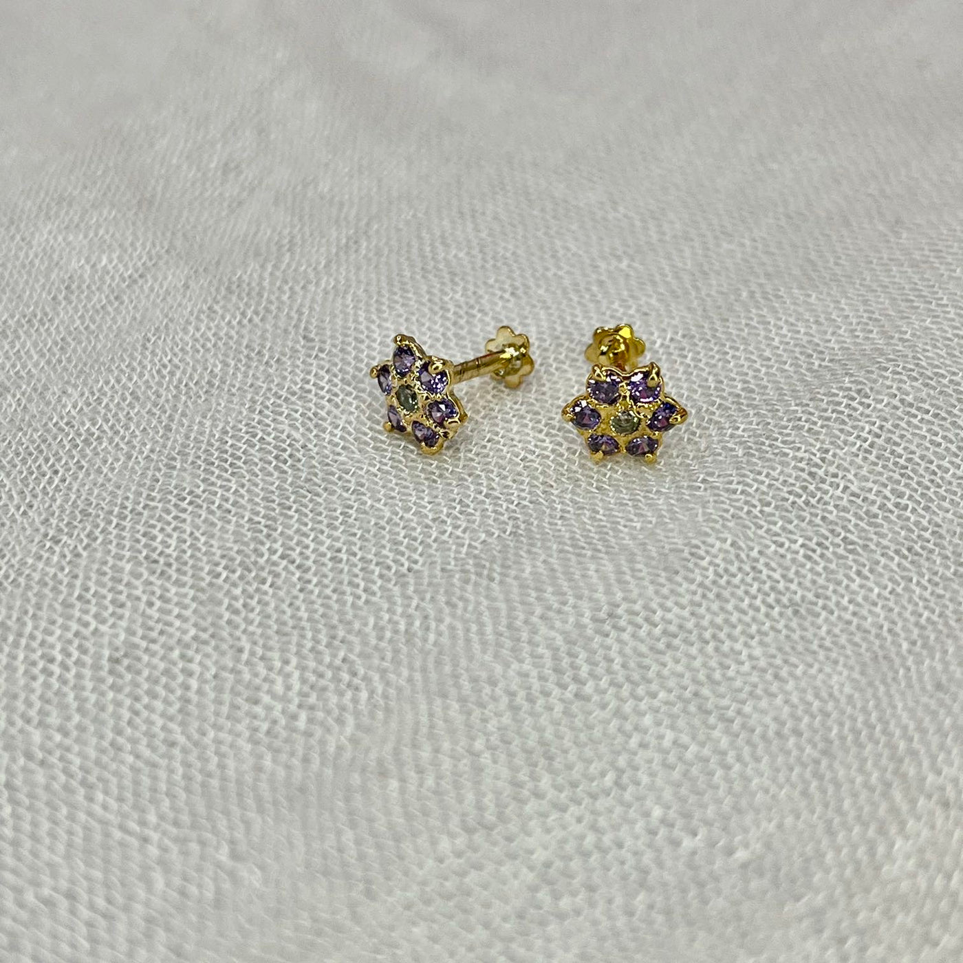 Purple 7 Stone Floral Screw Stud Earrings