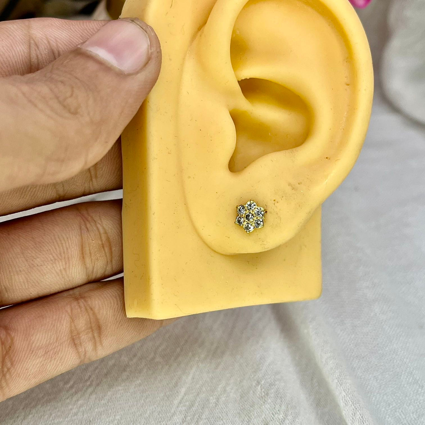 White 7 Stone Floral Screw Stud Earrings