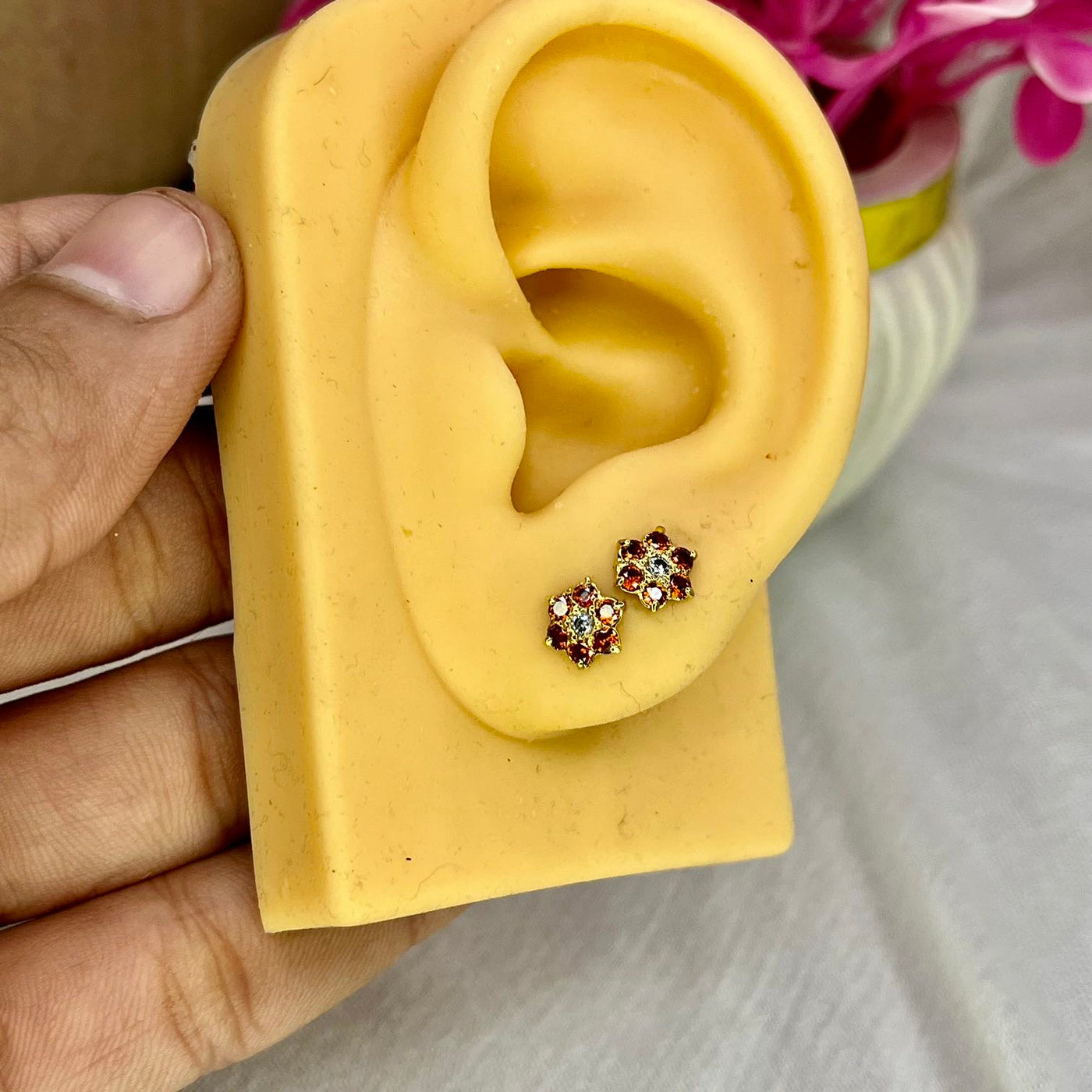 Orange 7 Stone Floral Screw Stud Earrings