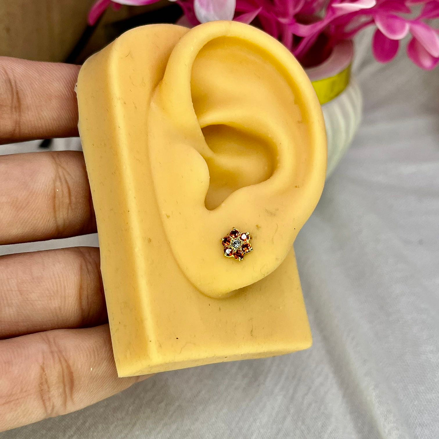 Orange 7 Stone Floral Screw Stud Earrings