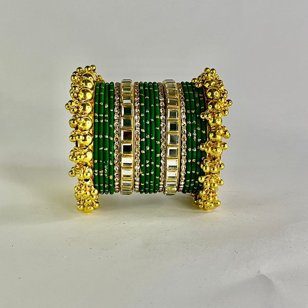 Green Pearl & Kundan Bangle Set - 2.6 Size
