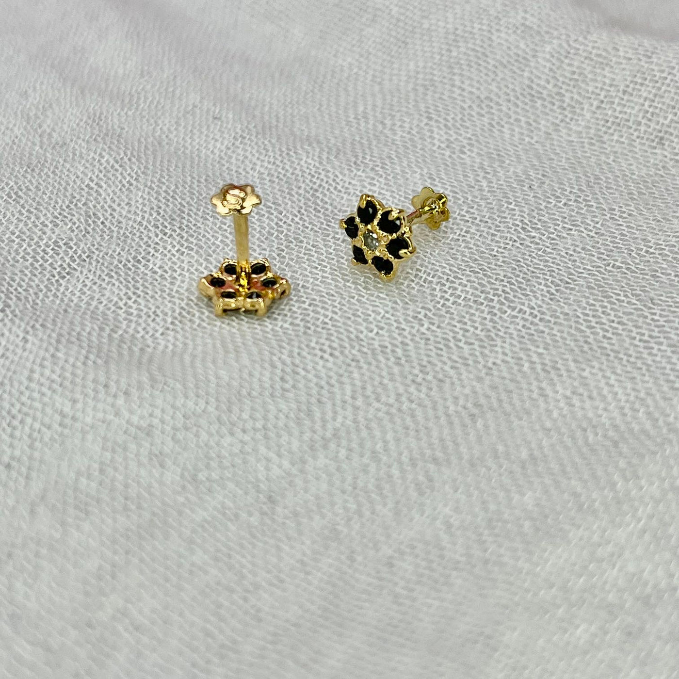 Black 7 Stone Floral Screw Stud Earrings