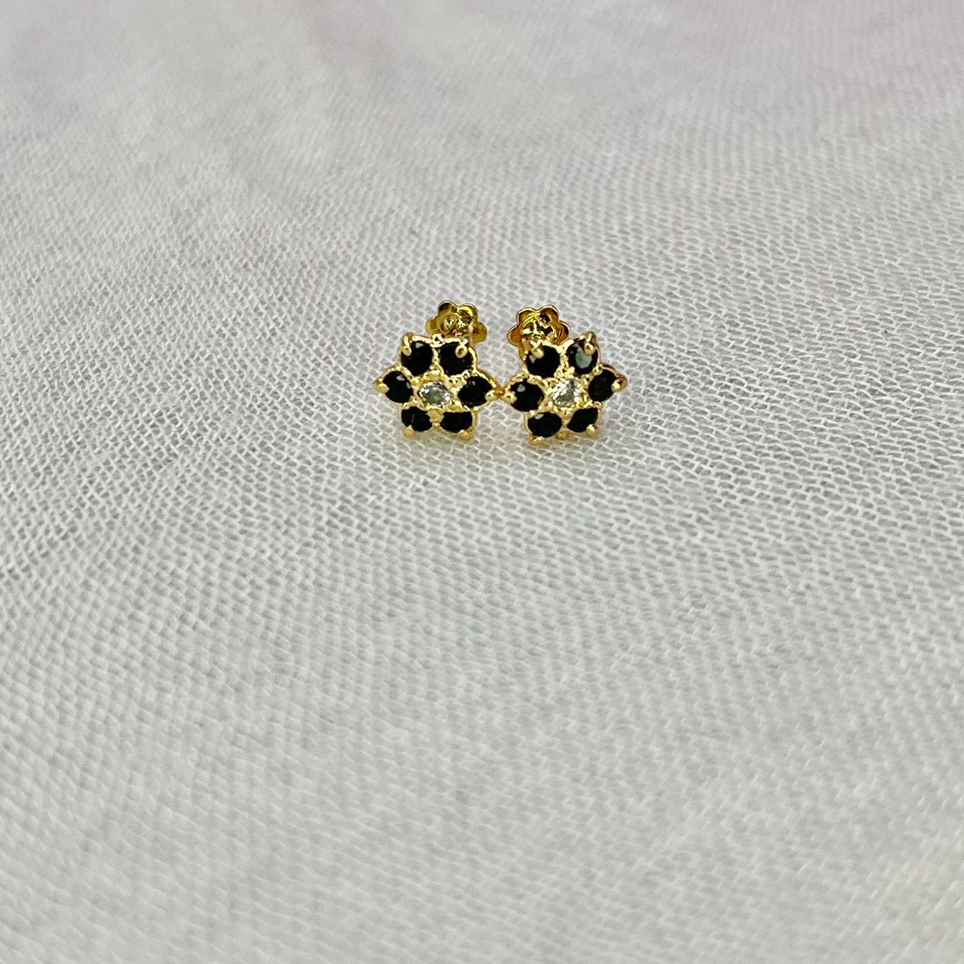 Black 7 Stone Floral Screw Stud Earrings