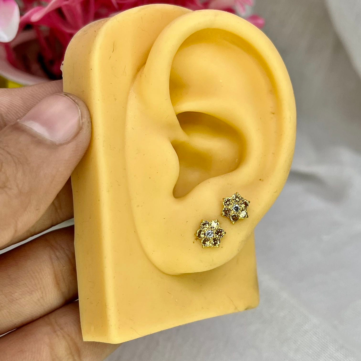 Champagne 7 Stone Floral Screw Stud Earrings