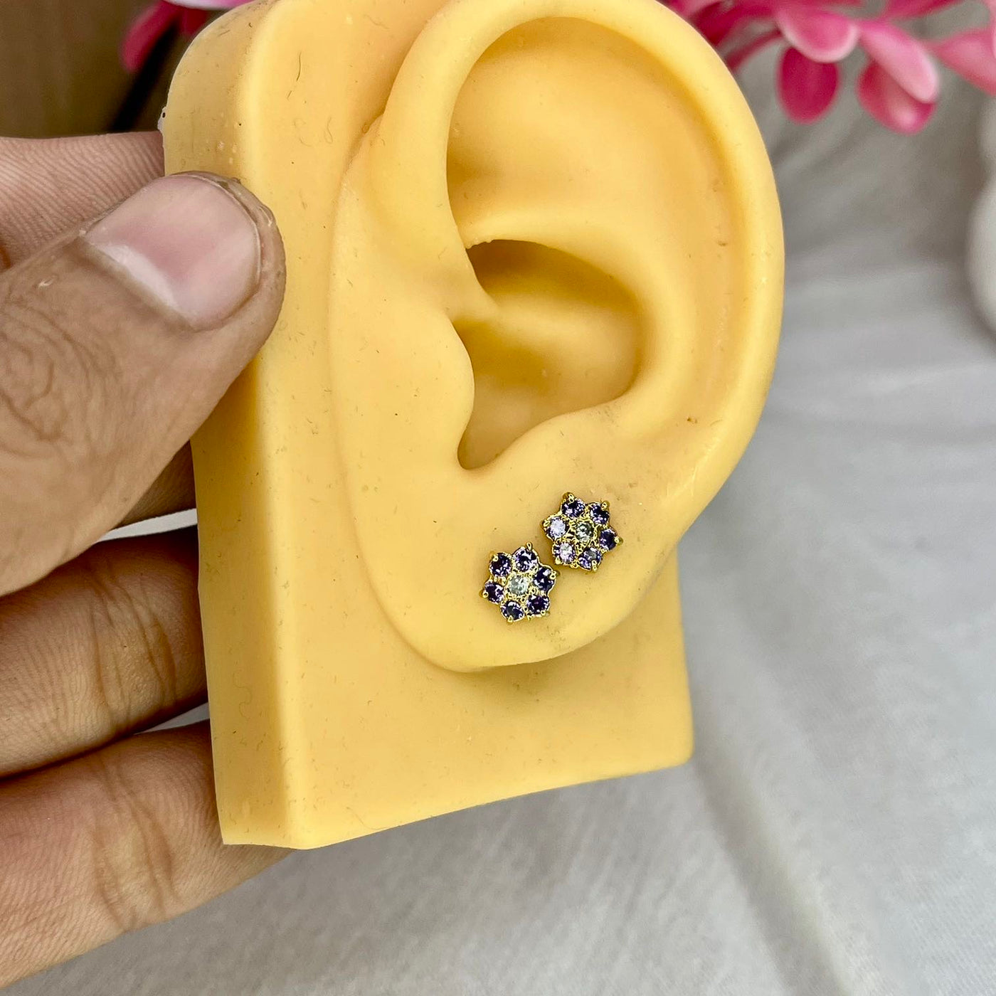 Purple 7 Stone Floral Screw Stud Earrings