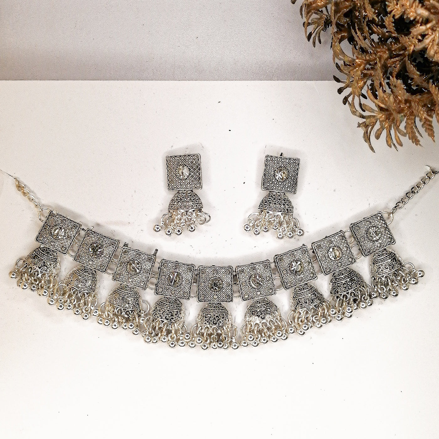 Silver Oxidized Jhumki Necklace Set with Earrings