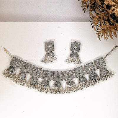 Silver Oxidized Jhumki Necklace Set with Earrings