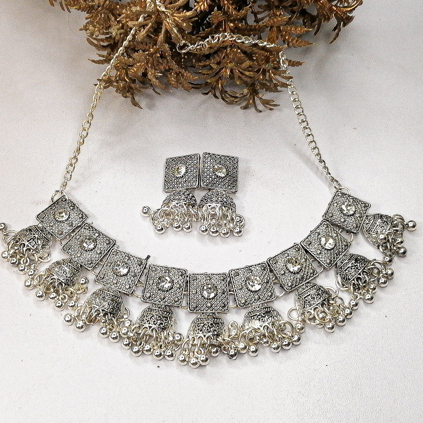 Silver Oxidized Jhumki Necklace Set with Earrings