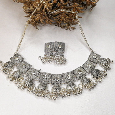 Silver Oxidized Jhumki Necklace Set with Earrings