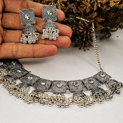Silver Oxidized Jhumki Necklace Set with Earrings