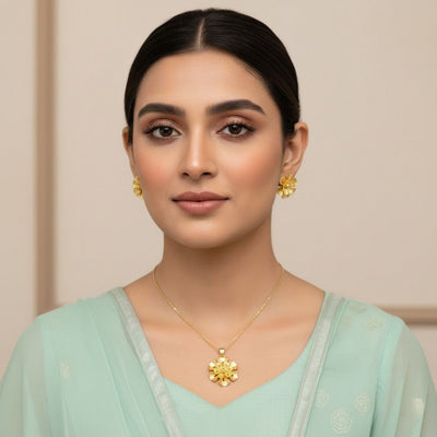Gold-Plated Flower Pendant with Earrings
