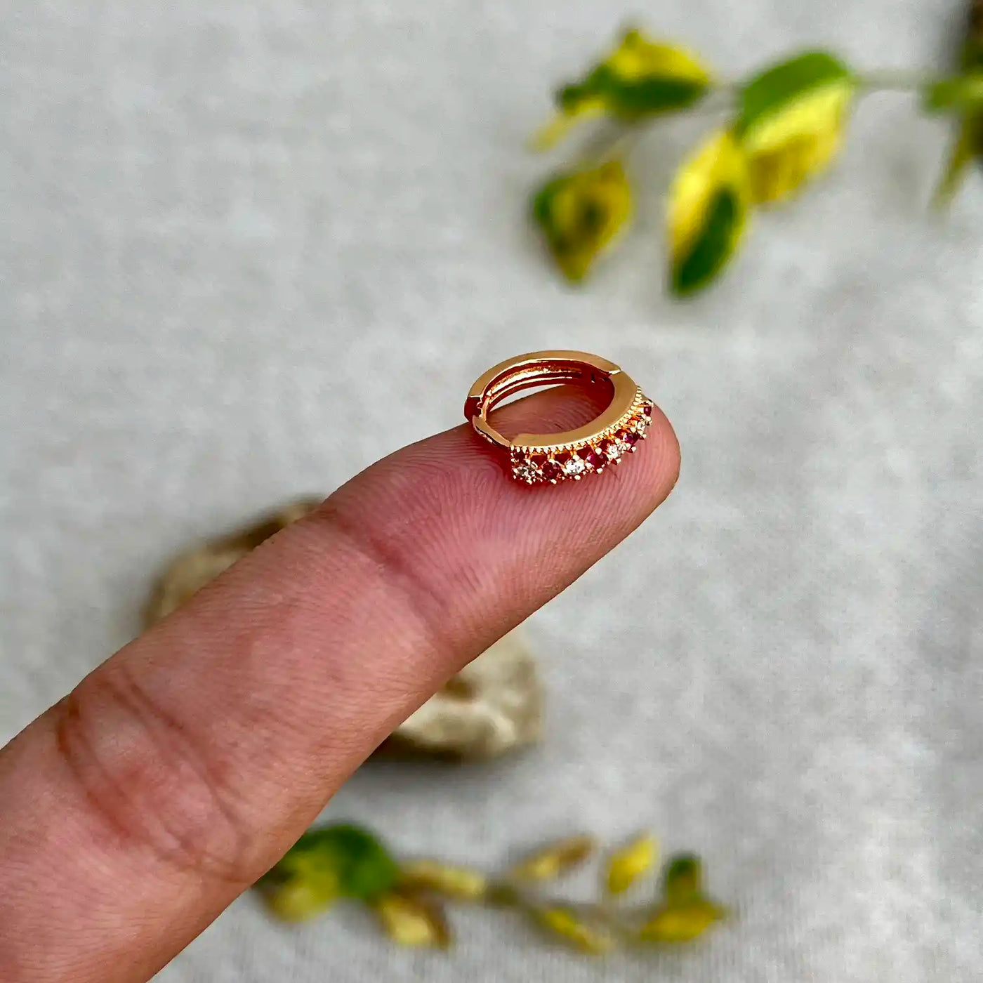 12mm Ruby Studed Stones Hoop Earrings-Lobe Piercings