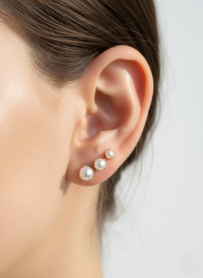 3 Pairs Gold-Plated Pearl Stud Earrings Set
