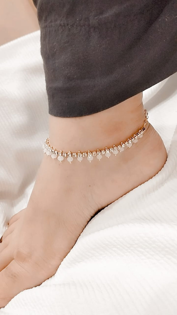 Off White Crystal Anklet Pair - Adjustable