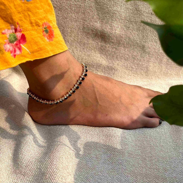 Black Crystal Anklet Pair - Adjustable