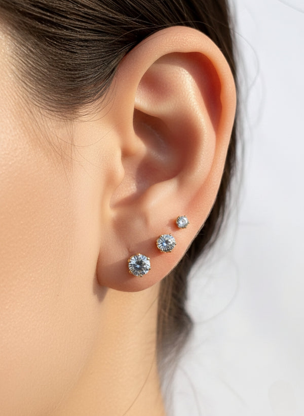 3 Pairs Gold-Plated Zirqon Stone Stud Earrings Set